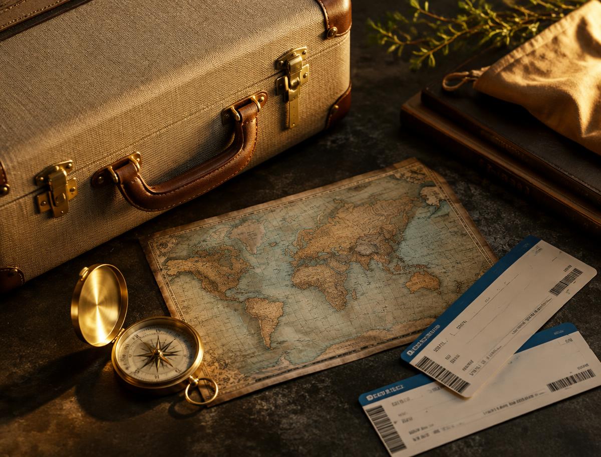 Linen suitcase, world map, brass compass and boarding passes