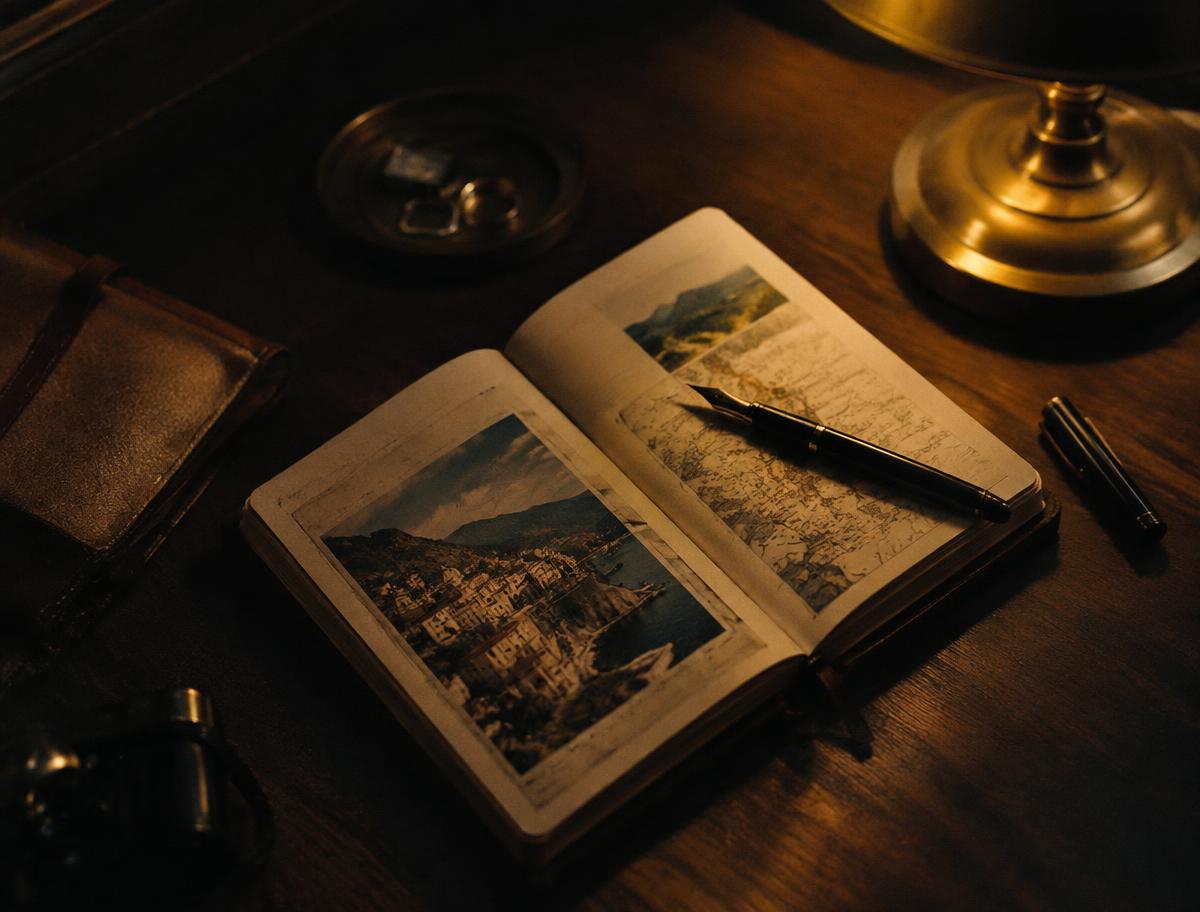 Open travel journal and fountain pen in warm lamplight